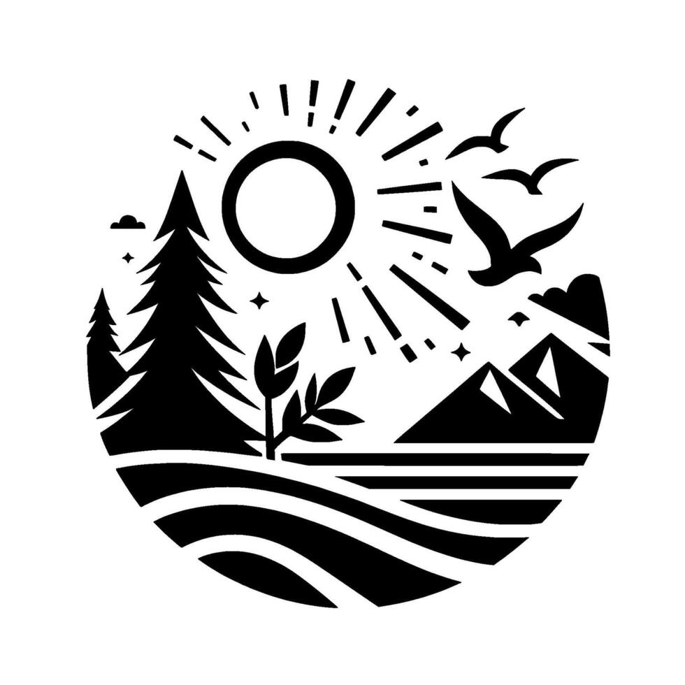 A stylized black and white circular illustration of a natural landscape featuring sun, trees, mountains, fields, and birds in flight. vector