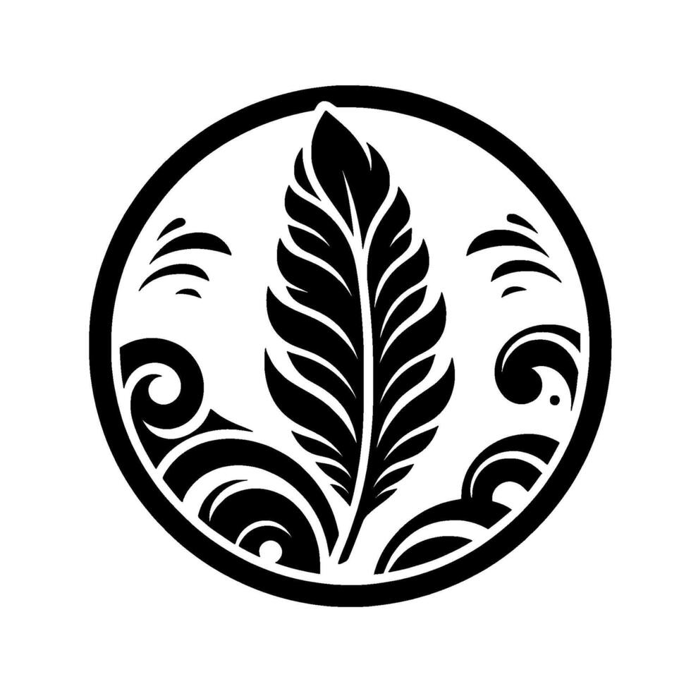 A minimalist, symmetrical black and white of a stylized feather enclosed in a circular frame, accented with flowing, organic elements. vector