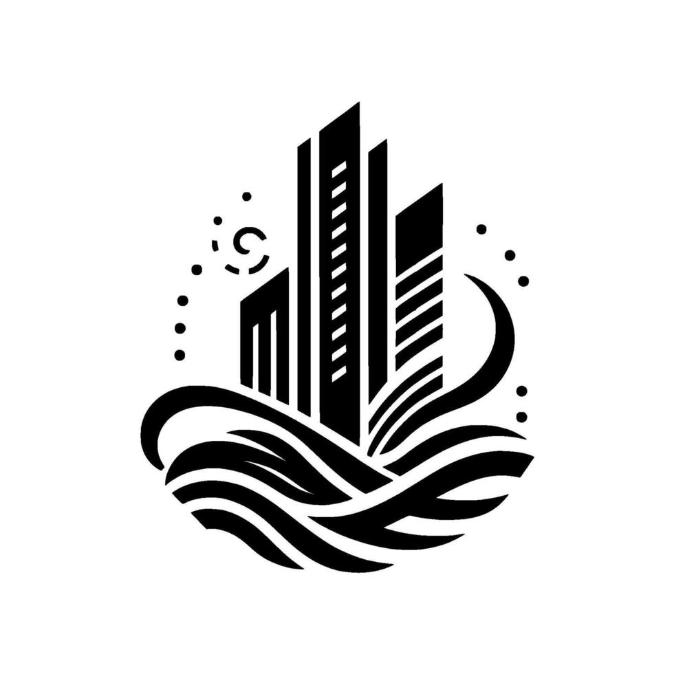 Abstract Art Deco Logo Black and White City Skyline Rising from stylized Waves with Celestial Motifs on a Clear Background vector