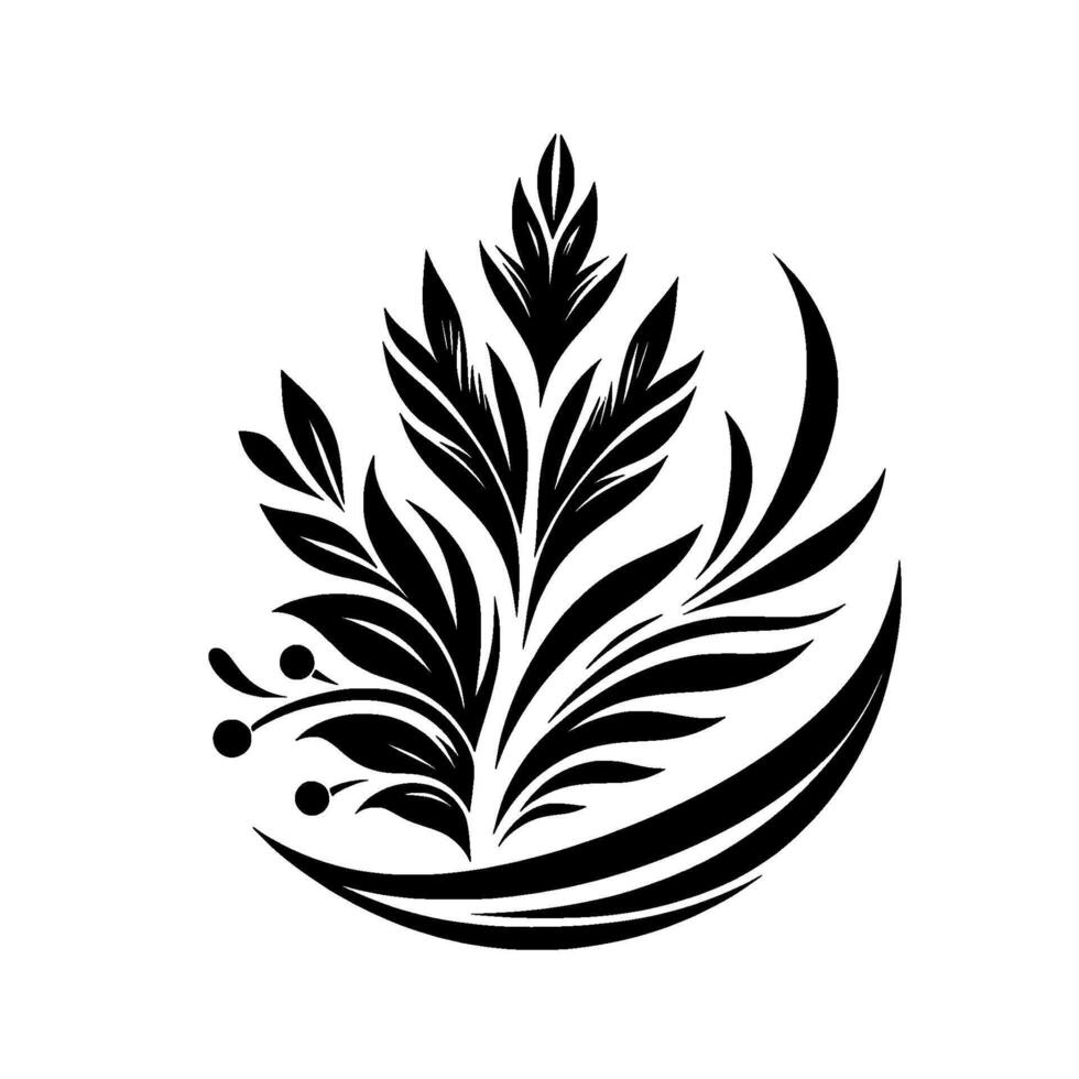 Elegant Black and White Floral Crest, Featuring Leafy Sprays, Curving Accents, and Circular Base on White. vector