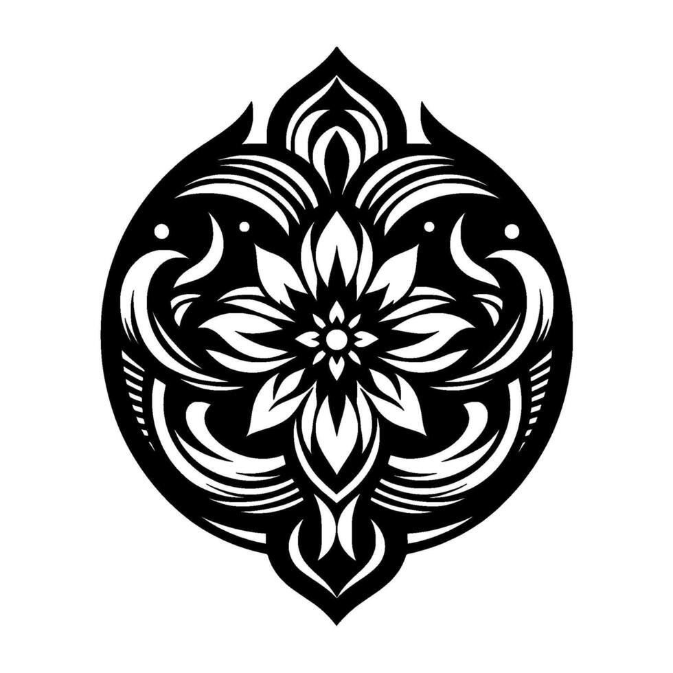 Symmetrical Black and White Floral Mandala in an Oval Shape with Ornate Details and Intricate Elements, Resembling a Decorative Art Piece. vector