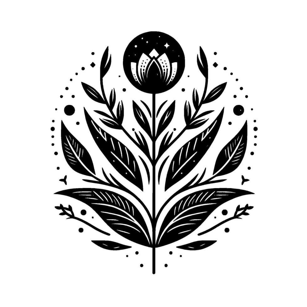 Elegant Black and White Floral Mandala Intricate botanical featuring a stylized flower, leaves, and celestial accents within a circular frame. vector