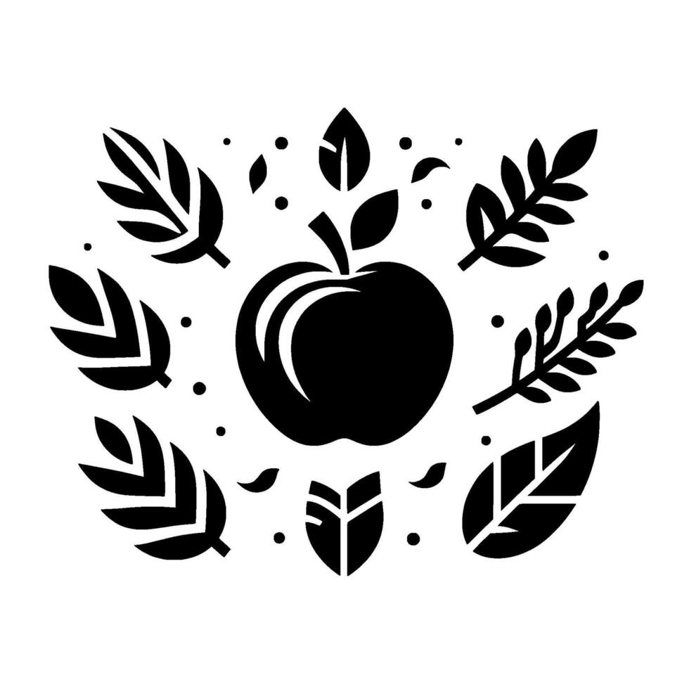 Stylized black and white art of a central apple encircled by leaf and berrylike organic elements. vector