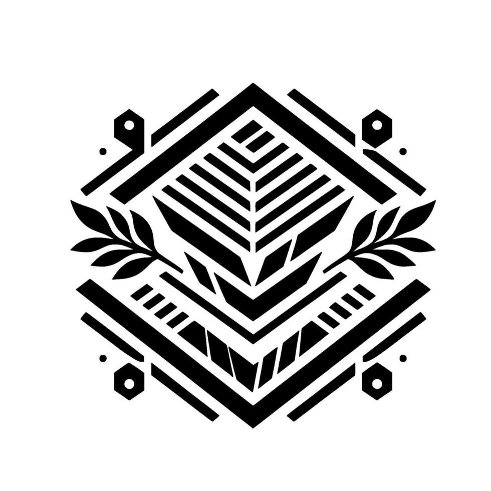 Geometric Black and White Emblem Featuring Abstract Chevron, Leaf Elements, and Hexagonal Accents, Showcasing Symmetry and Minimalist Aesthetic. vector