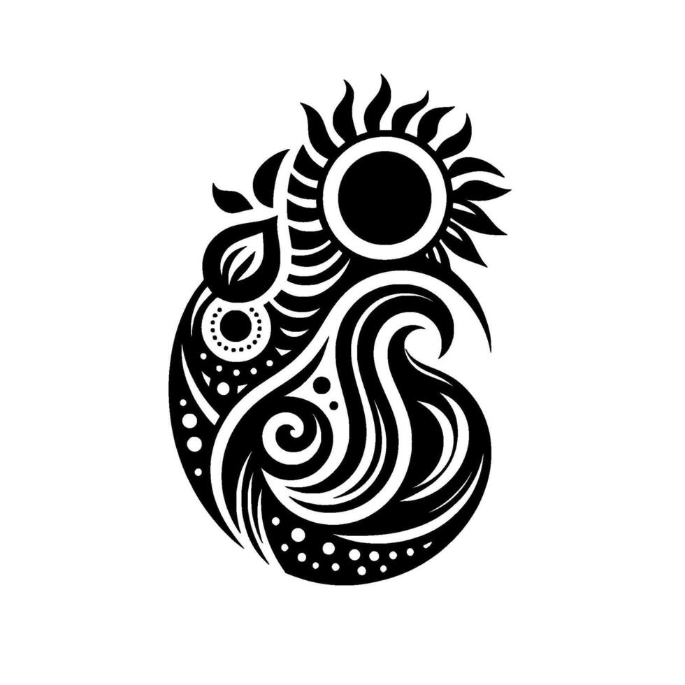 Intricate black and white design Sun, waves, and botanical elements intertwine in a stylized paisleyteardrop shape, a symbol of nature. vector