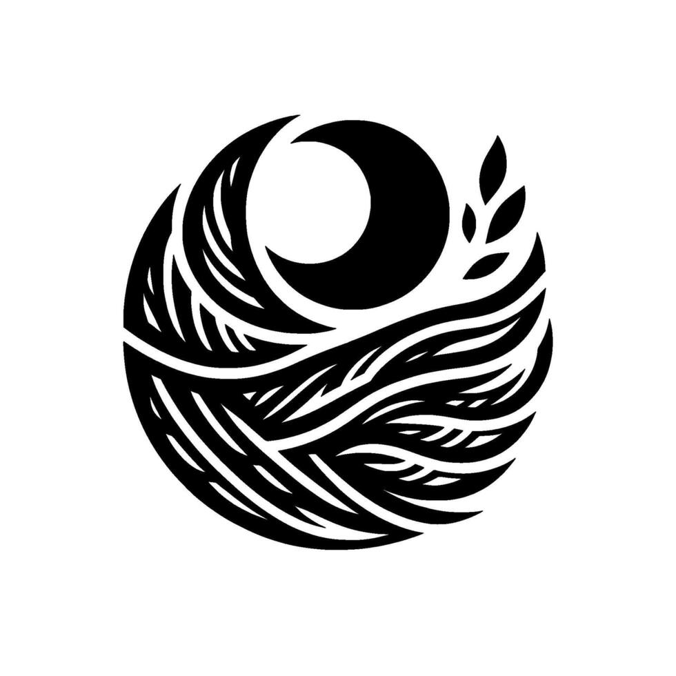 Abstract Black and White Circular Depicting Crescent Moon, Flowing Lines, and Leafy Embellishments. A minimalist, elegant composition. vector