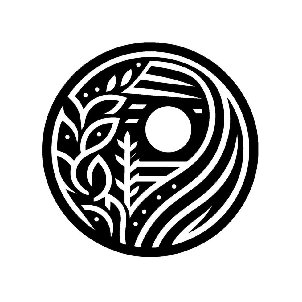 Minimalist Black and White Circular with Organic Shapes and Geometric Forms Enclosing a Central Circle. vector