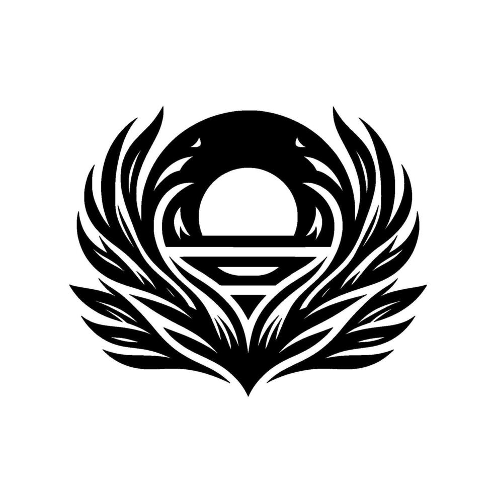 A symmetrical black and white featuring a stylized sun or moon within a feathered, organic, geometric composition, evocative of celestial themes. vector