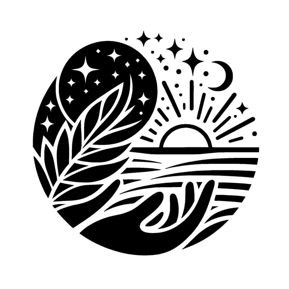 Celestial Embrace A black and white circular of hands cradling a stylized landscape of night, day, and flora. vector