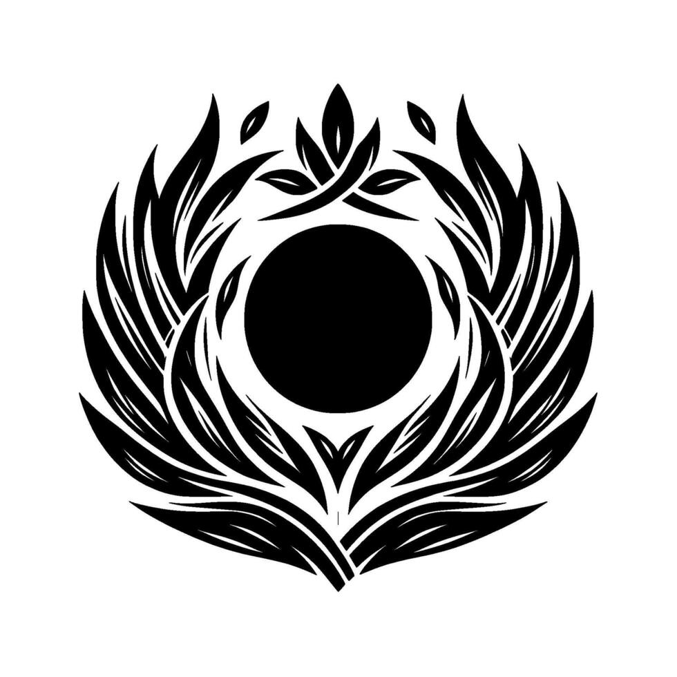 A symmetrical black and white botanical illustration, featuring a central dark circle encircled by stylized leaves, forming a decorative, artistic emblem. vector
