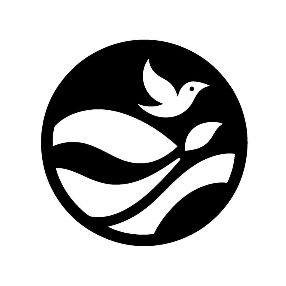 Black and white featuring a dove in flight above stylized waves and leaves within a circular frame. vector