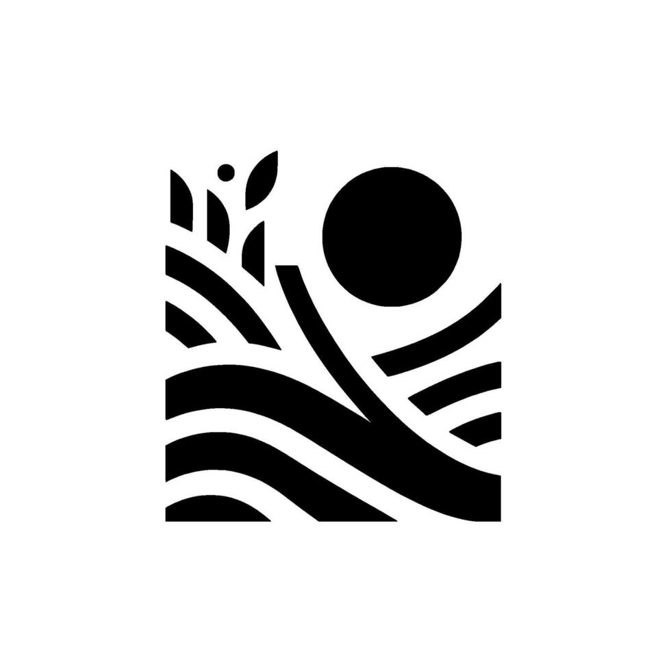 Geometric Black and White Illustration of Landscape with Sun, Vegetation, and Stream, a Modernist in Negative Space. vector