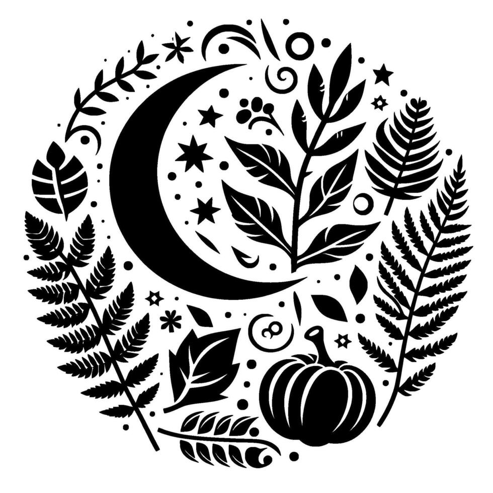 A circular, black and white illustration featuring a crescent moon, stars, and botanical elements like leaves, ferns, and a pumpkin, evoking a mystical, seasonal vibe. vector