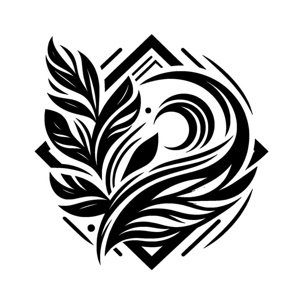 Abstract Black and White Floral Tattoo with Geometric Framework and Swirling Elements, Suggesting Natures Balance. vector