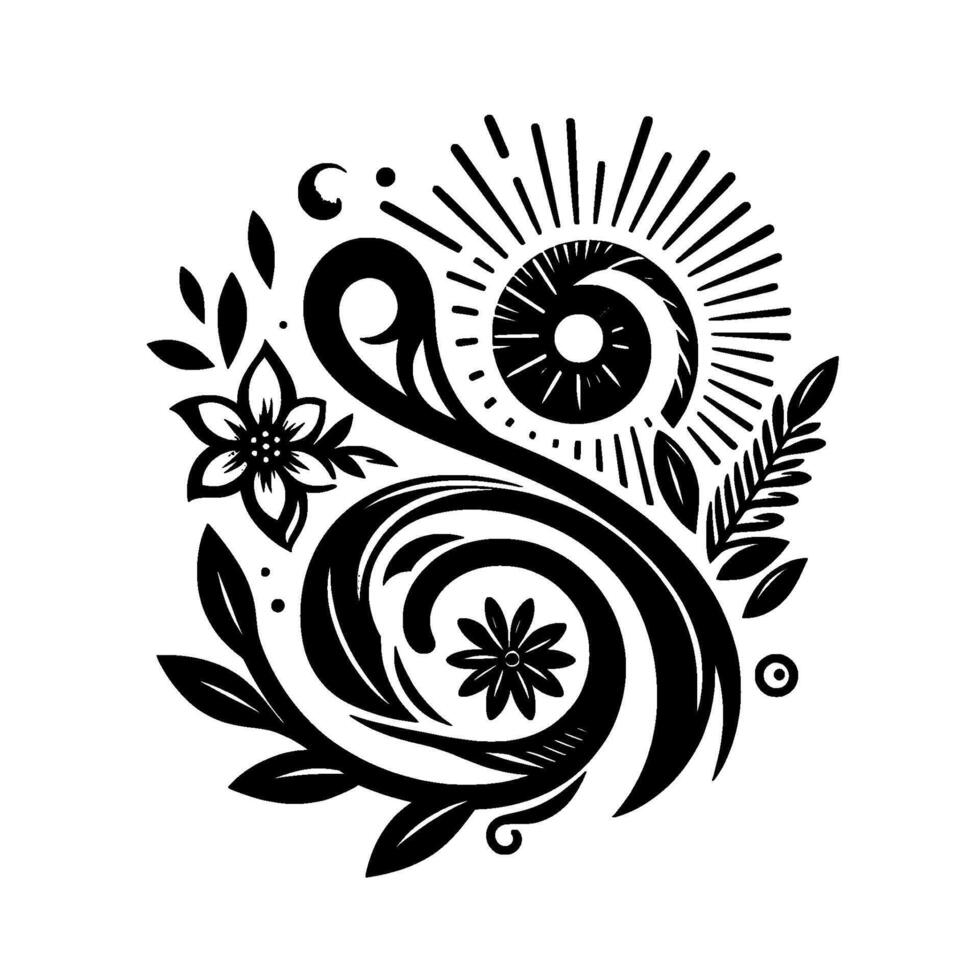 Elegant Black and White Floral and Swirl Composition Featuring a Stylized Sunburst and Intricate Leaf and Blossom Details. vector