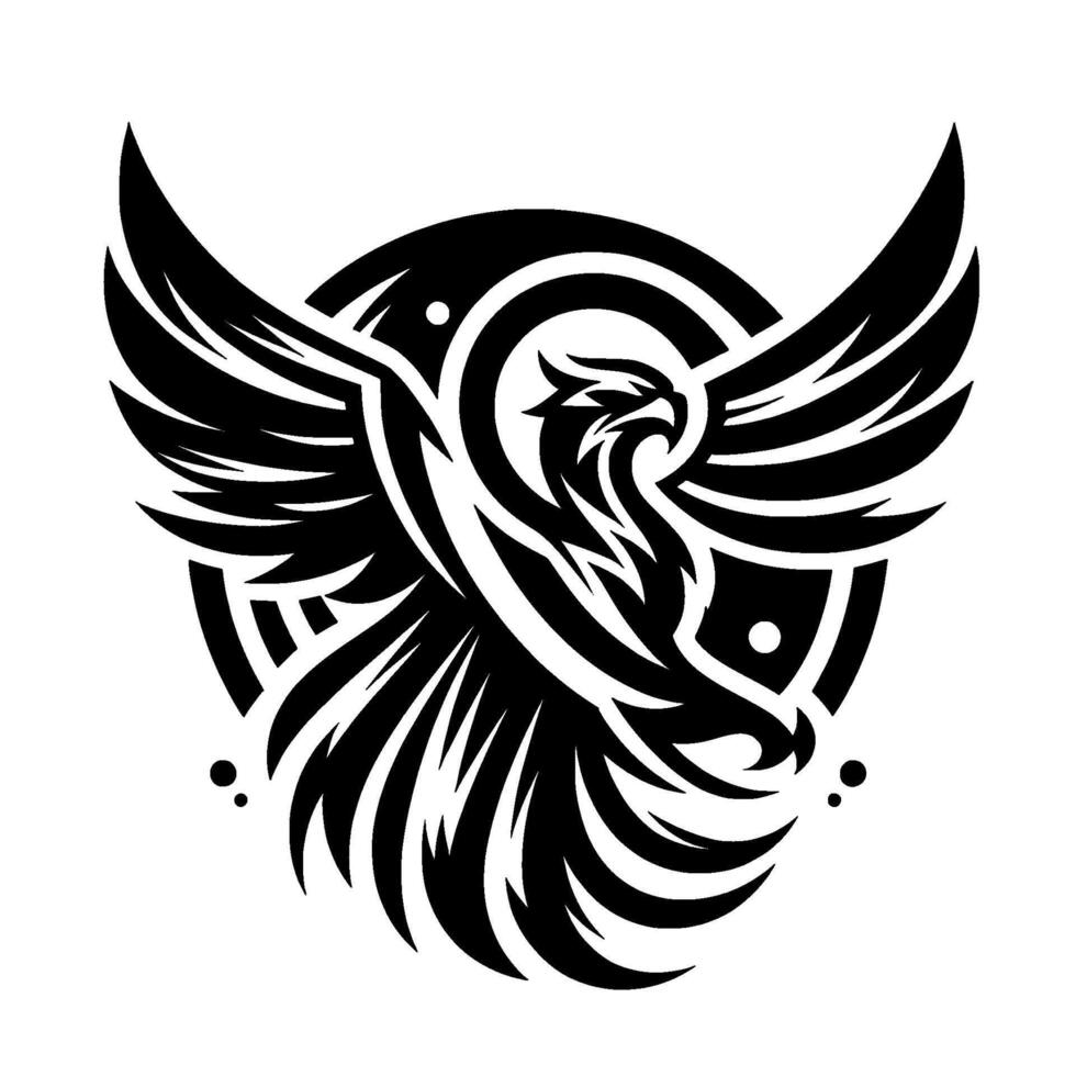 Bold Black and White Tribal Eagle Soaring Within a Circle, Detailed Feathers and Energetic Lines, Illustrative Design. vector