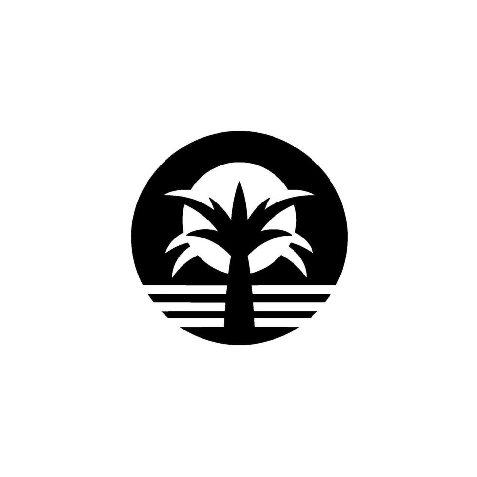 Minimalist black and white circular featuring a stylized palm tree silhouette, sun symbol, and horizontal lines on a textured white background. vector