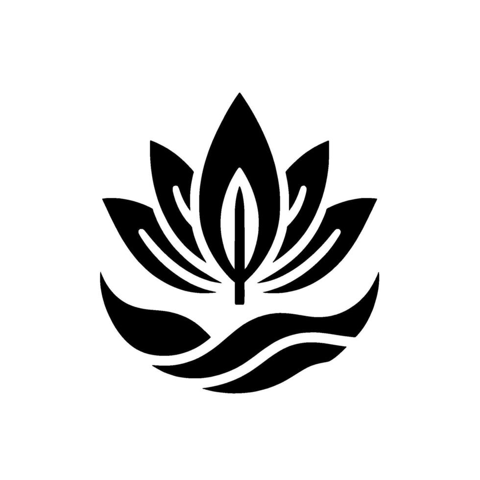 Stylized Black Lotus Flower Silhouette with Water Element on White Background, Symbolizing Purity, Peace, and Rebirth in Minimalism. vector