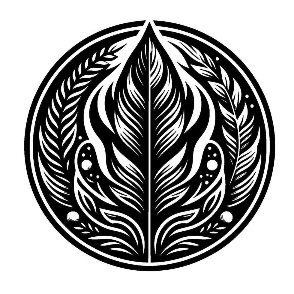 Monochromatic, stylized emblem featuring a symmetrical composition of feathers, foliage, and decorative elements within a circular frame. vector