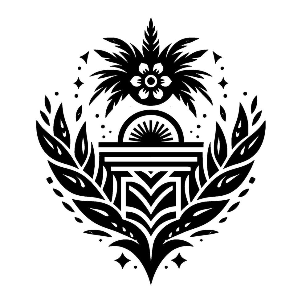 Symmetrical Botanical Composition in Monochrome, Featuring a Central Floral Element, Sunburst, and Decorative Leaves, Evoking a Sense of Elegance. vector