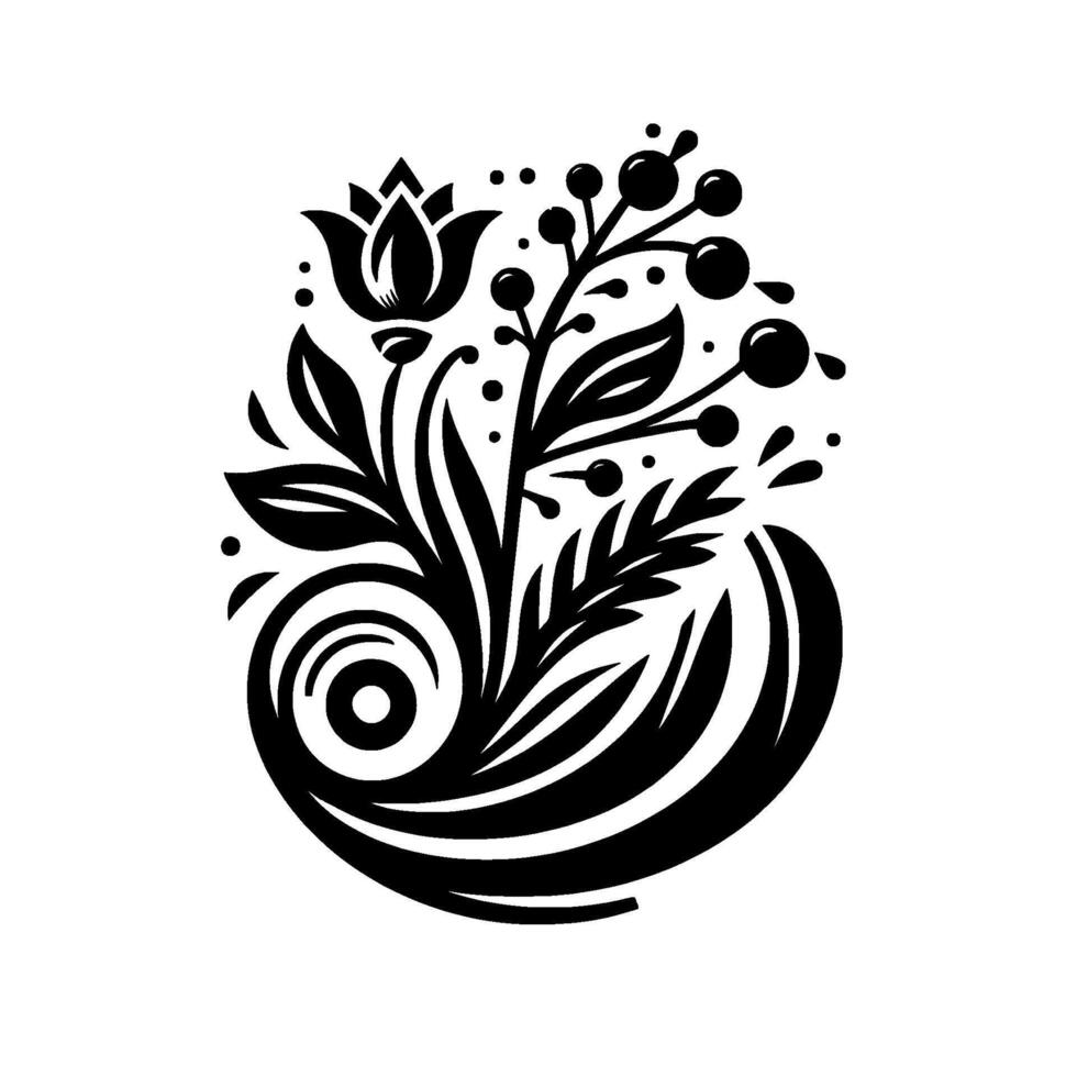 Elegant Black and White Floral Design A stylized composition featuring a central blooming flower, berries, and swirling stylized leaves, embodying classic simplicity. vector