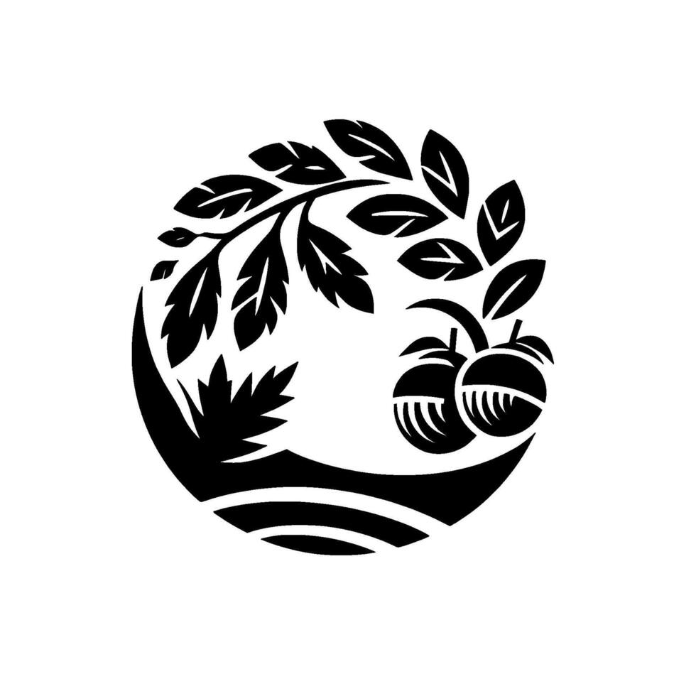 A minimalist black and white illustration featuring a circular with a stylized tree branch adorned with leaves and two fruits, evoking harmony. vector