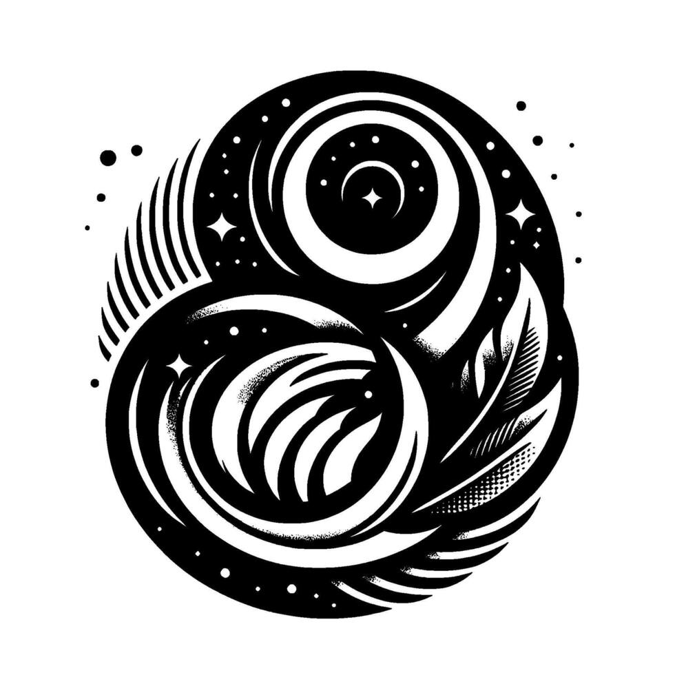 Cosmic YinYang A stylized black and white illustration featuring swirling galaxies, starry crescents, feather details, and celestial symbolism, all encompassed within a circular composition, evoking vector