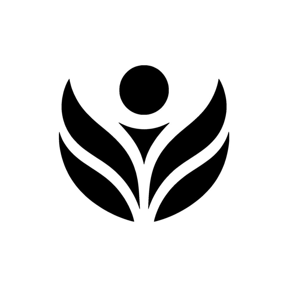 Abstract, minimalist depicting a stylized person with outstretched arms, resembling a flower or a symbol of growth and harmony, set against a clean white backdrop. vector