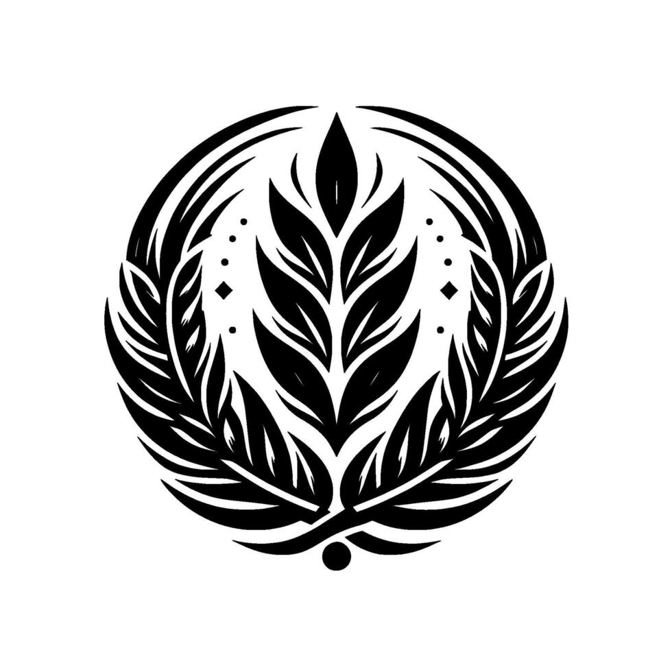 A symmetrical, blackandwhite, stylized emblem featuring a central arrangement of leaflike elements within a circular border, complemented by surrounding foliage. vector