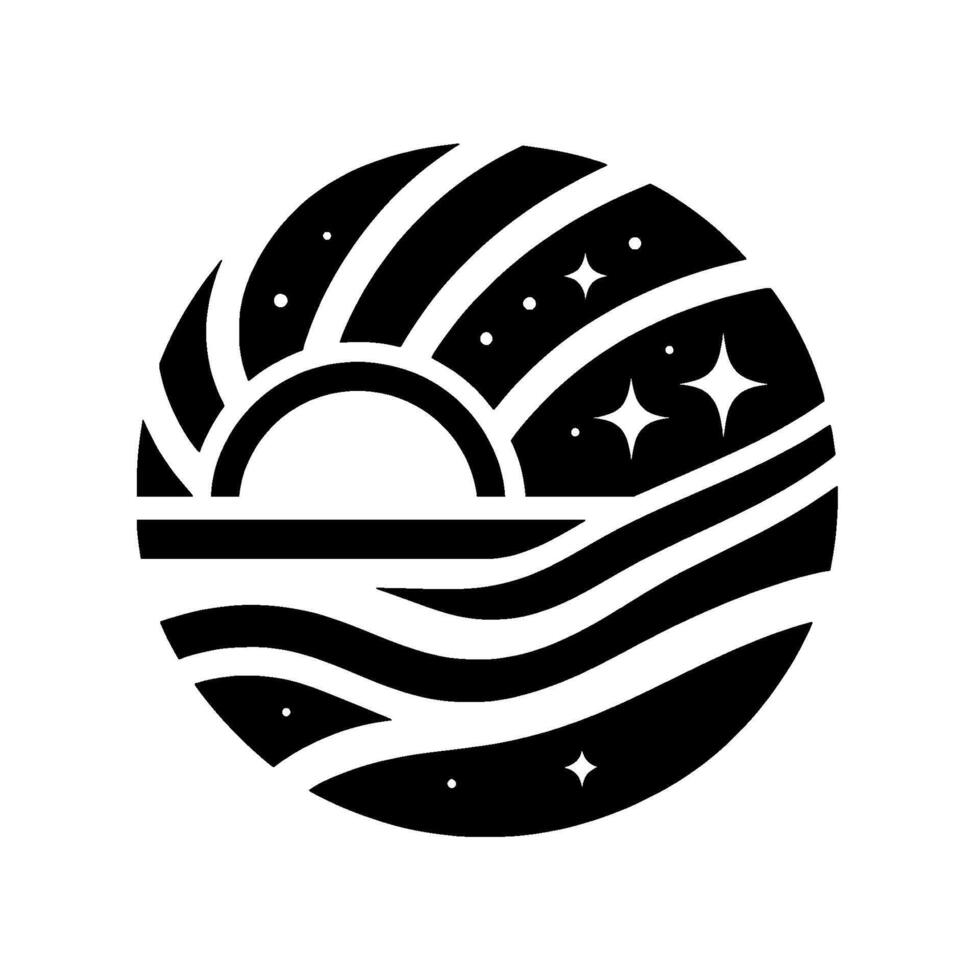 A stylized celestial emblem in monochrome a halfsun setting over a wavy sea, with stars and stripes of light creating a circular, cosmic design. vector