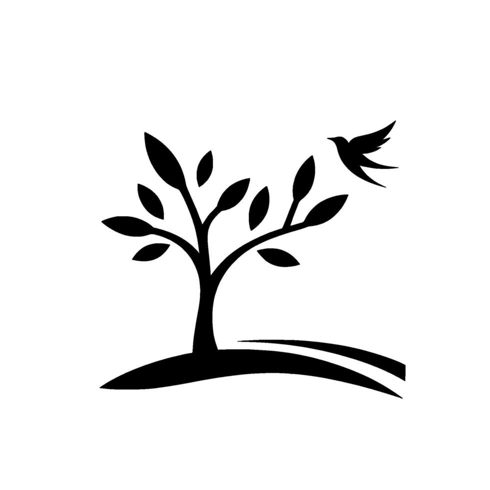 Silhouette Illustration of a Tree with Leaves and a Flying Bird on a Gentle Hill, Minimalist in Black and White, Emphasizing Nature and Freedom. vector