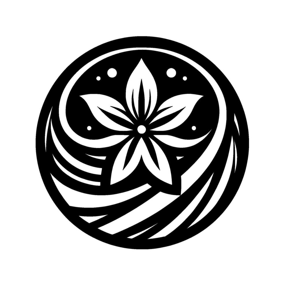 A stylized black and white circular emblem featuring a symmetrical flower at the center, enclosed by swirling lines and dots, against a pristine white backdrop. vector