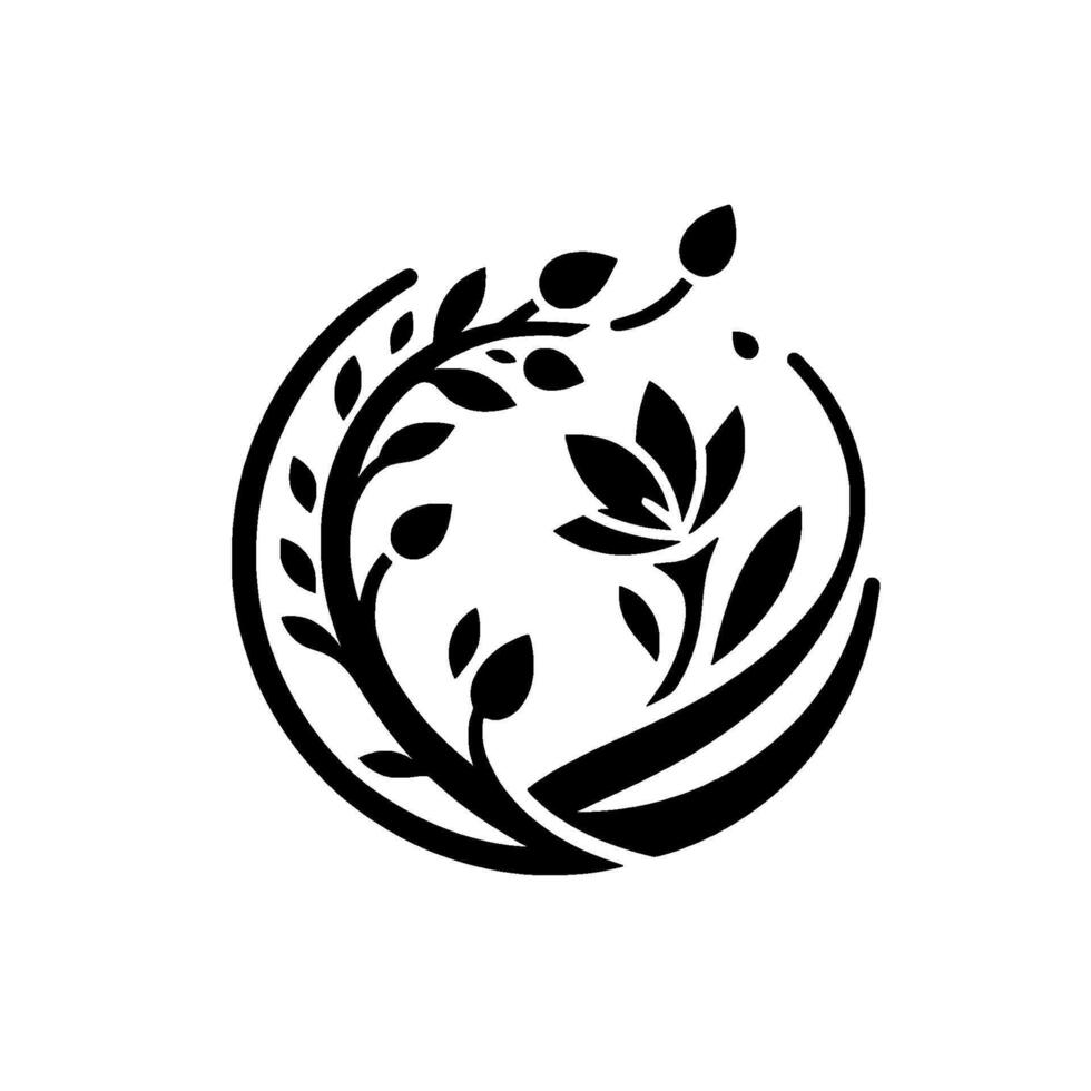 Black and White Floral Silhouette A stylized circle featuring a flower and leafy branches, creating a minimalist, symmetrical design. vector