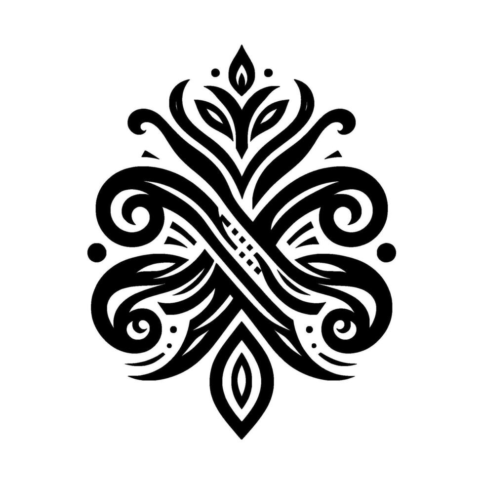 Intricate symmetrical black floral with stylized leaves, swirls, and geometric patterns, isolated against a white background. vector