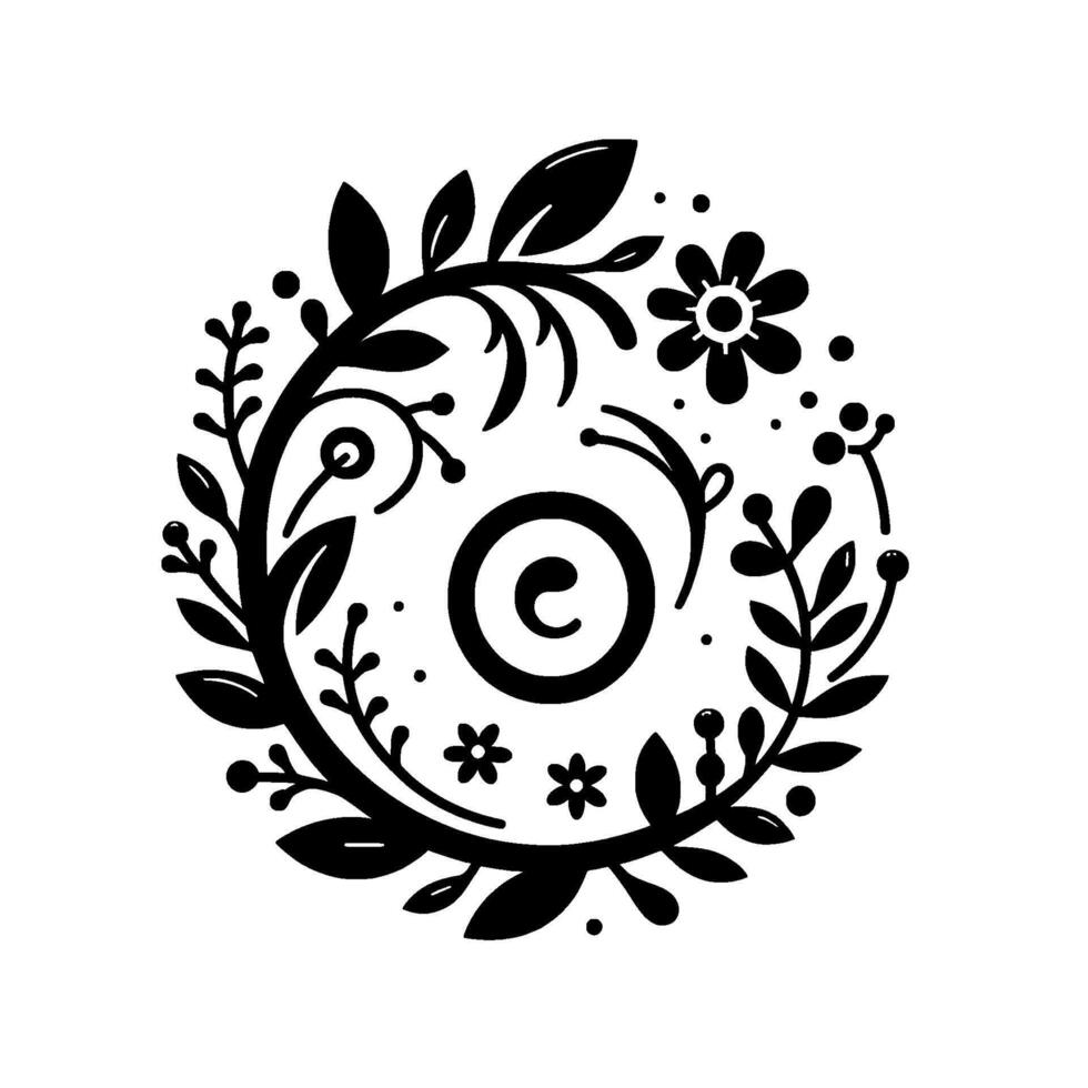 A symmetrical floral wreath design, incorporating leaves, flowers, and decorative elements, framing a stylized C shape, rendered in bold black on a white background. vector