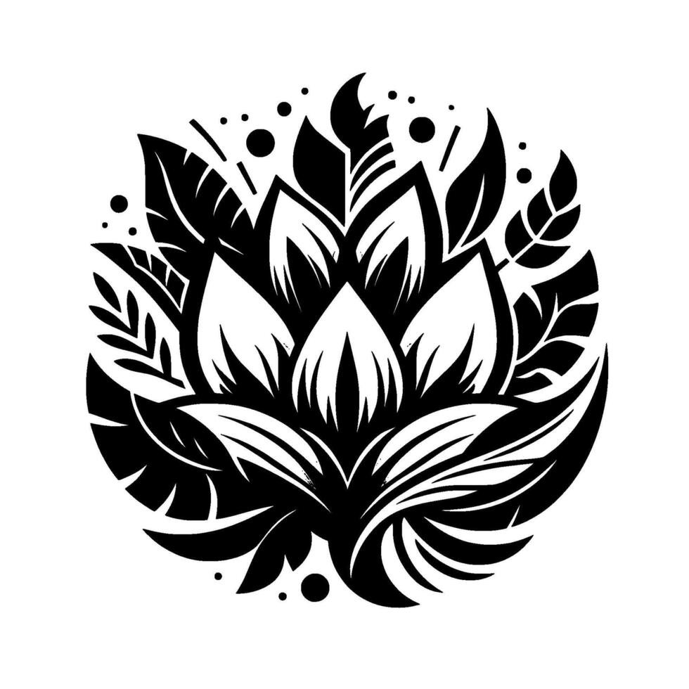 Intricate Black and White Floral Mandala A stylized, symmetrical composition of stylized lotus flower and surrounding foliage against a clean white background. vector