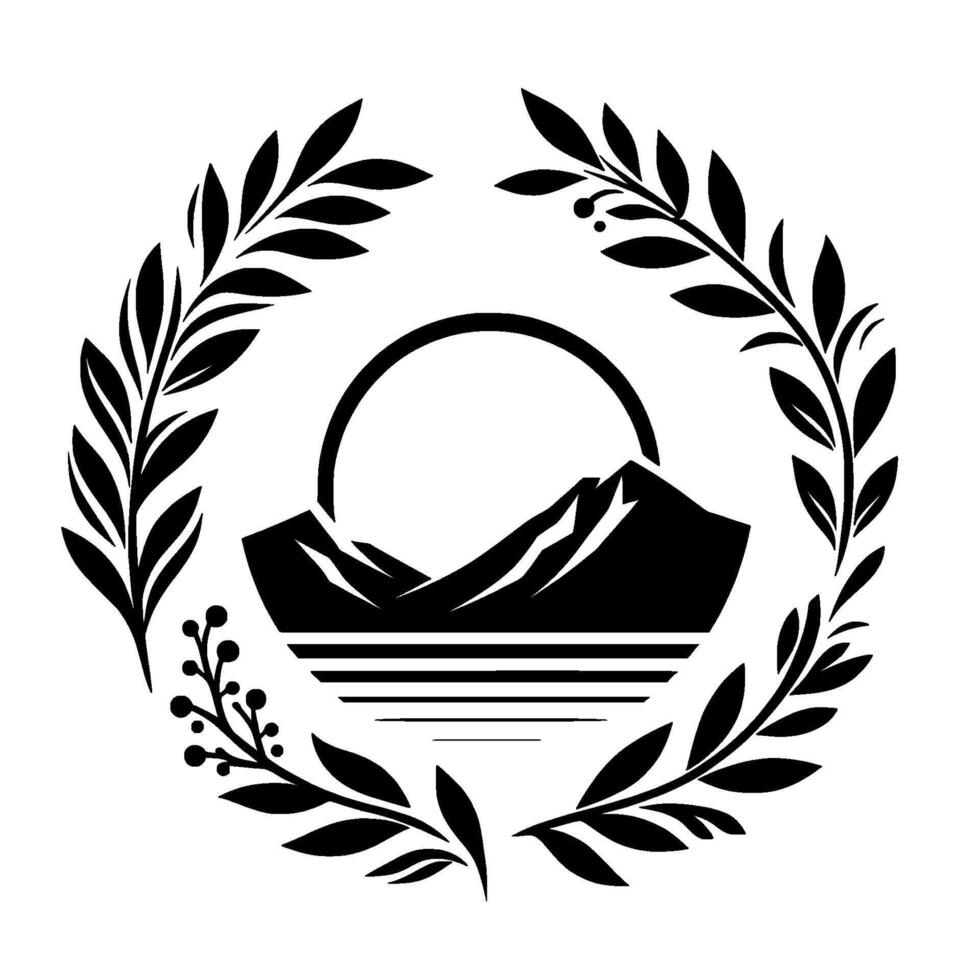 Stylized monochrome emblem of mountains and sun, framed by laurel wreaths, evoking nature and tranquility. vector