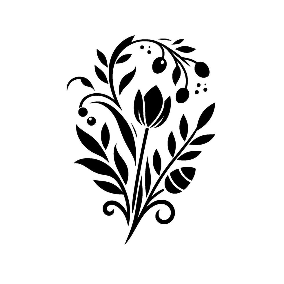 Elegant Black and White Floral Design Tulip, Berries, and Leaves, a Decorative Silhouette on White Backdrop. vector