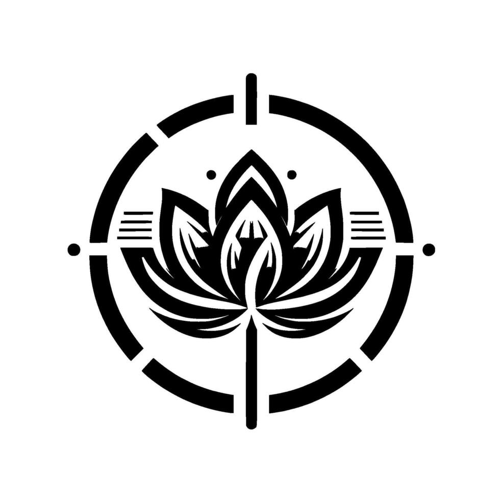 Intricate minimalist black and white lotus flower within a targetlike circle, evoking balance and precision. vector