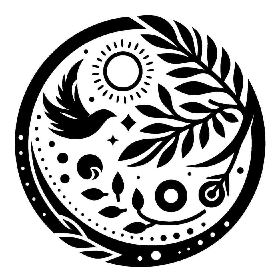 Intricate Circular Graphic Bird in Flight, Sun, Branches, and Botanical Elements in a Bold Black and White Design, Symbolizing Growth and Harmony. vector