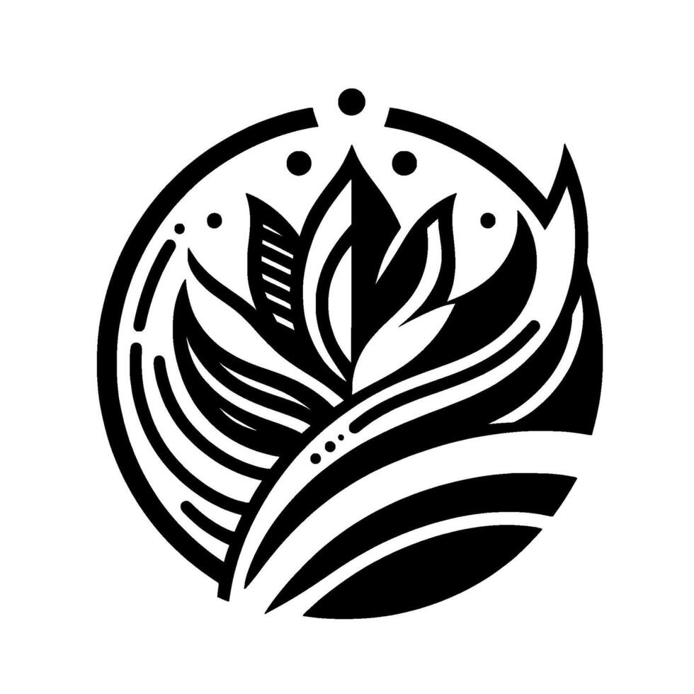 A stylized black and white floral emblem, enclosed within a circle, showcasing symmetrical leaves and a streamlined, minimalist on a white background. vector