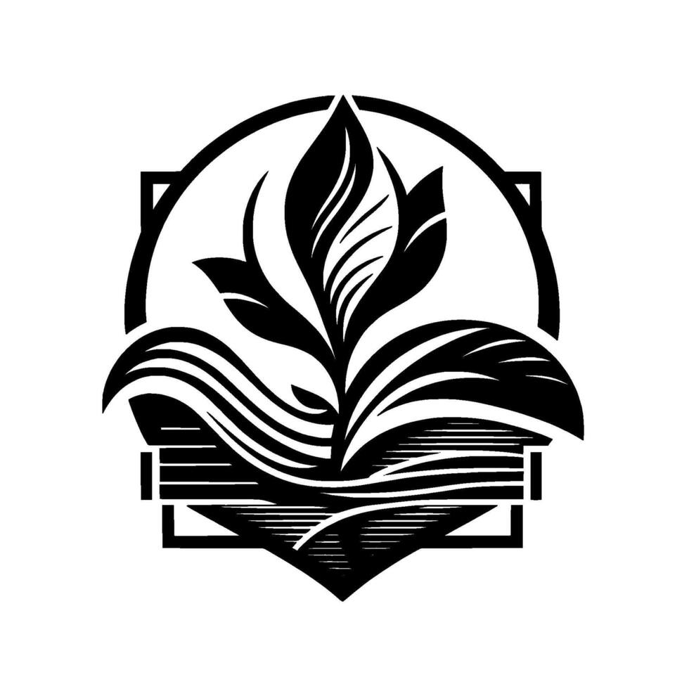 A Stylized Black and White Featuring a Plant with Leaves, Surrounded by Geometric Shapes, Evoking Natures Essence. vector