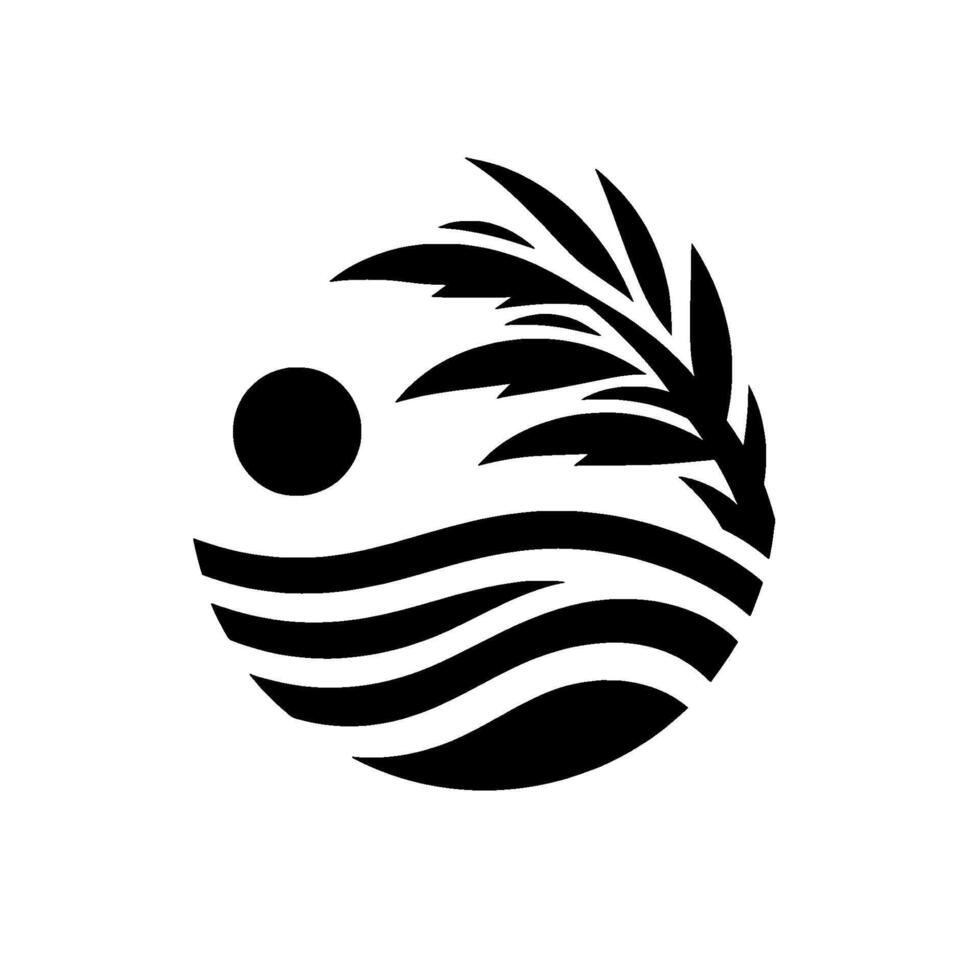 Abstract Minimalist Logo A Stylized Black and White Tropical Sunset Scene with Palm Fronds, Sun, and Waves in a Circular Composition. vector