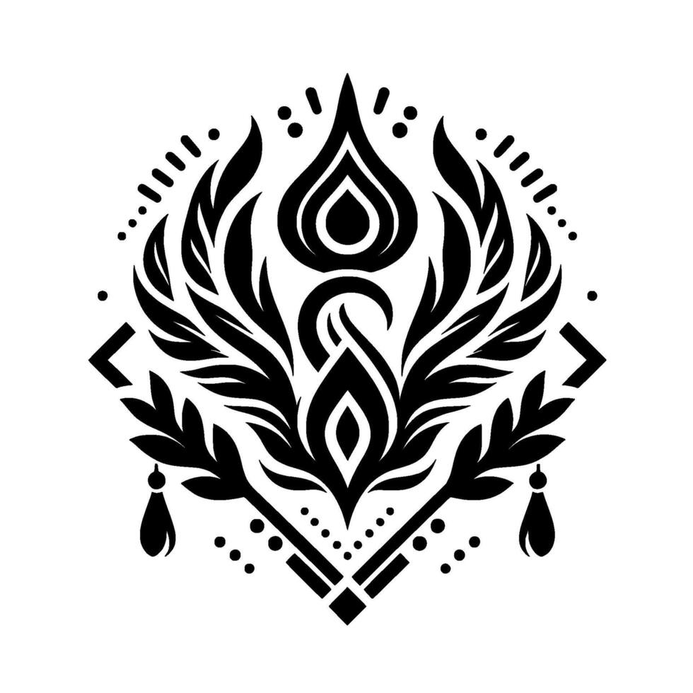Intricate Black and White Mandala Featuring Organic Leaflike Elements, Geometric Shapes, and Delicate Tassels on a Clean White Background. vector