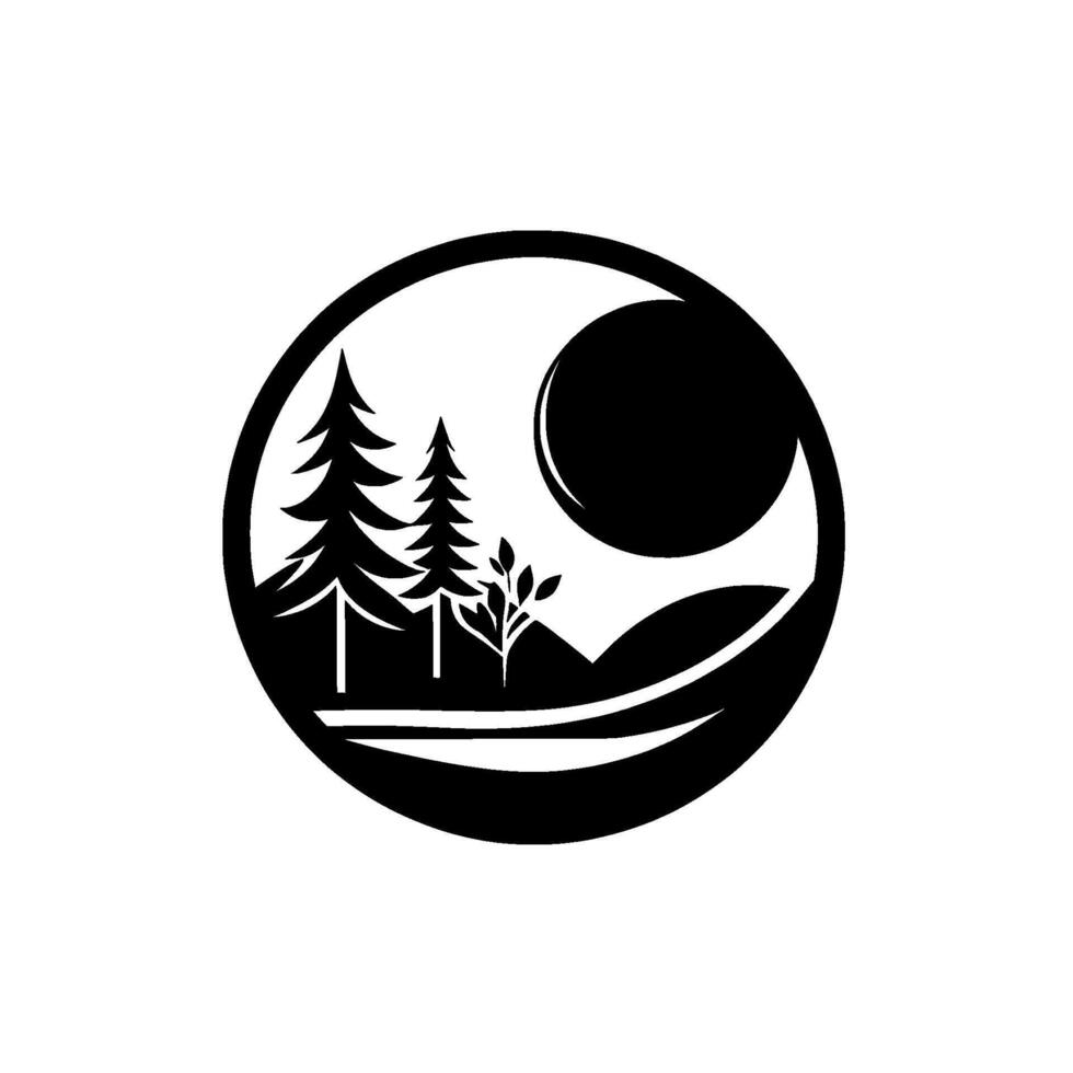 A minimalist black and white illustration inside a circle, featuring pine trees, a mountain, a crescent moon, and vegetation. vector
