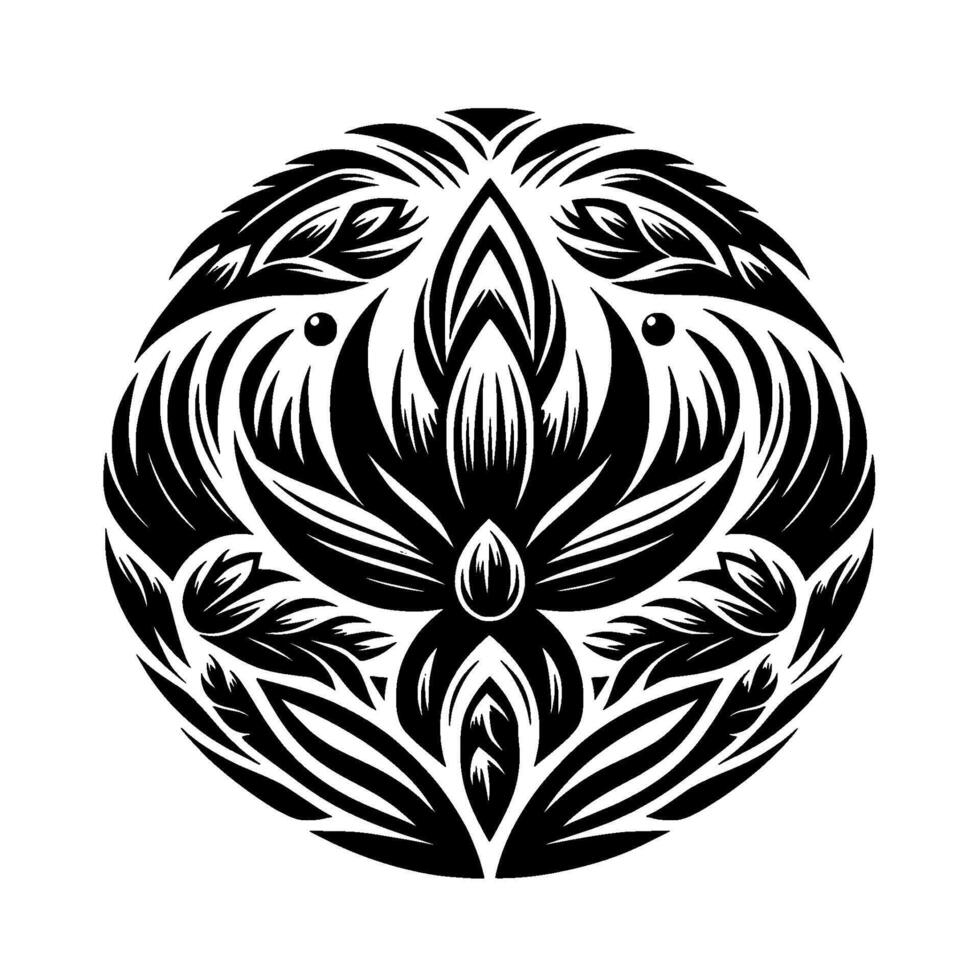 Intricate black and white floral mandala design, featuring symmetrical leaf patterns arranged in a circular composition with an oval central focus. vector
