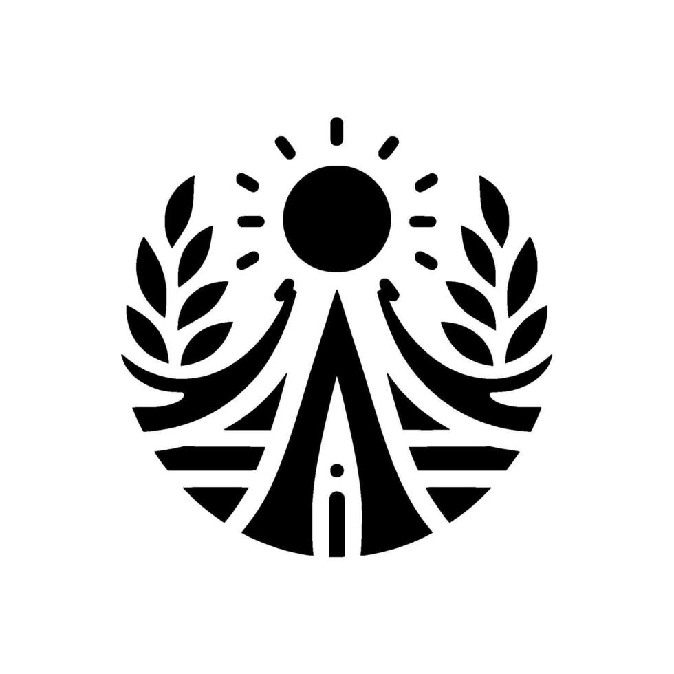 Symbolic minimalist design a sun with radiating lines atop a central structure, flanked by laurel branches within a circular frame, creating a unified abstract emblem. vector