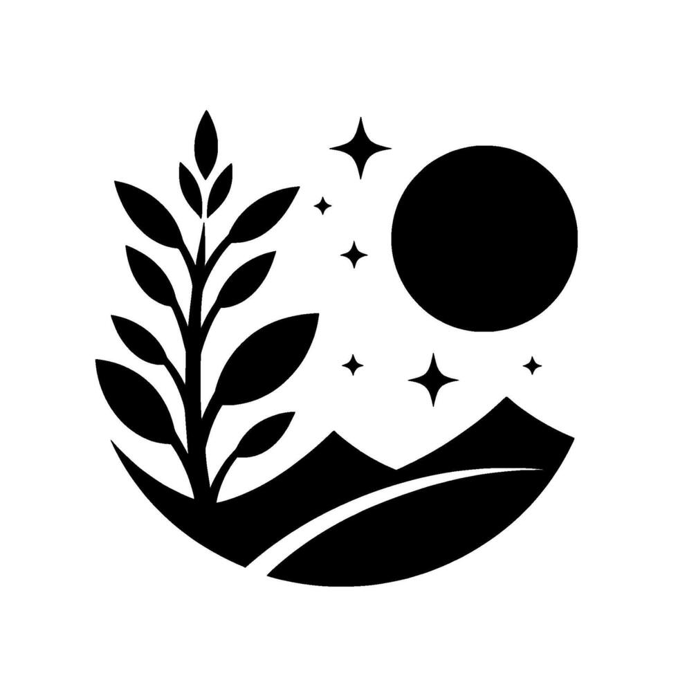 A minimalist, monochrome illustration of a stylized landscape featuring a silhouetted plant, moon, stars, and mountains, creating a serene and mystical ambiance. vector