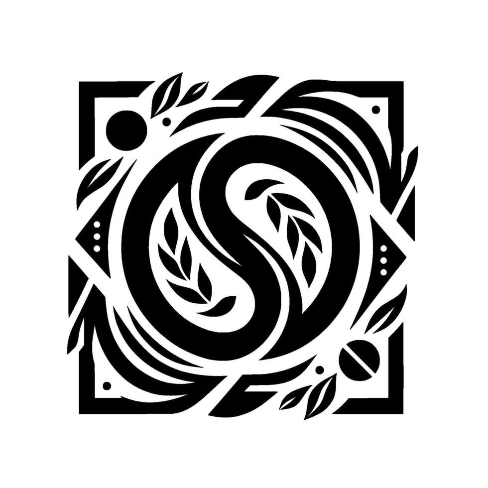 Symmetrical Black and White Abstract Design A Square Composition with a Stylized S Surrounded by Floral Motifs, Geometric Shapes, and Dots. vector