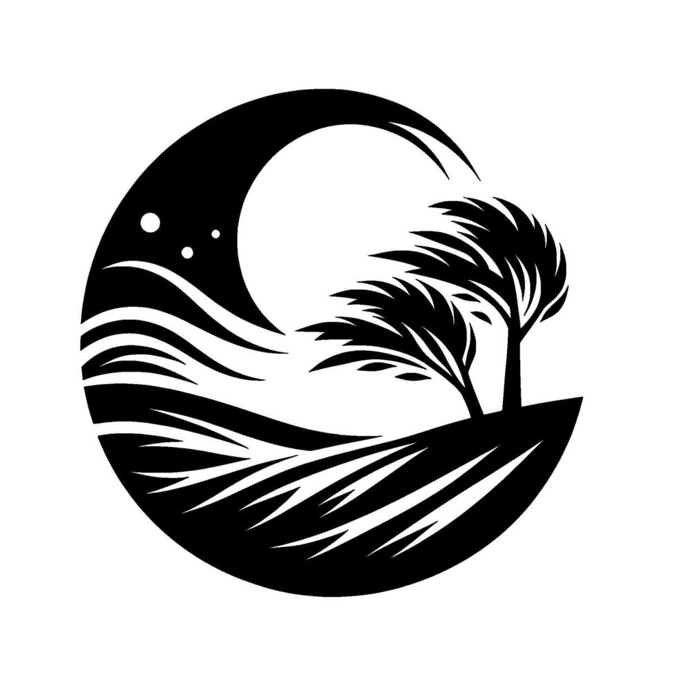Stylized black and white illustration of a landscape within a circular frame, featuring trees, rolling hills, a wavelike formation, and stars. vector